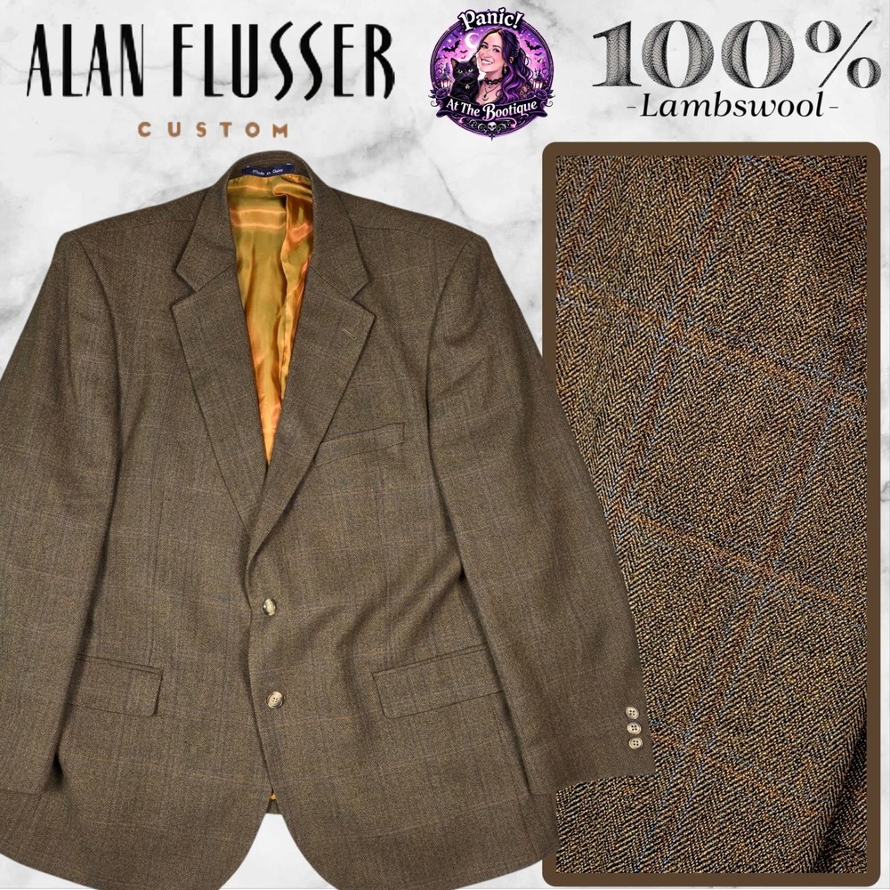 Alan Flusser Blazer Mens 48R Brown Lambswool Tweed Herringbone Plaid Sport Coat